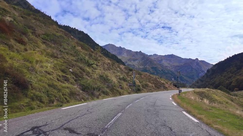 Driving up the Col du Pourtalet, France. Mountain pass in the French Pyrenees massif, symbol of the Tour de France in Bearn, France.