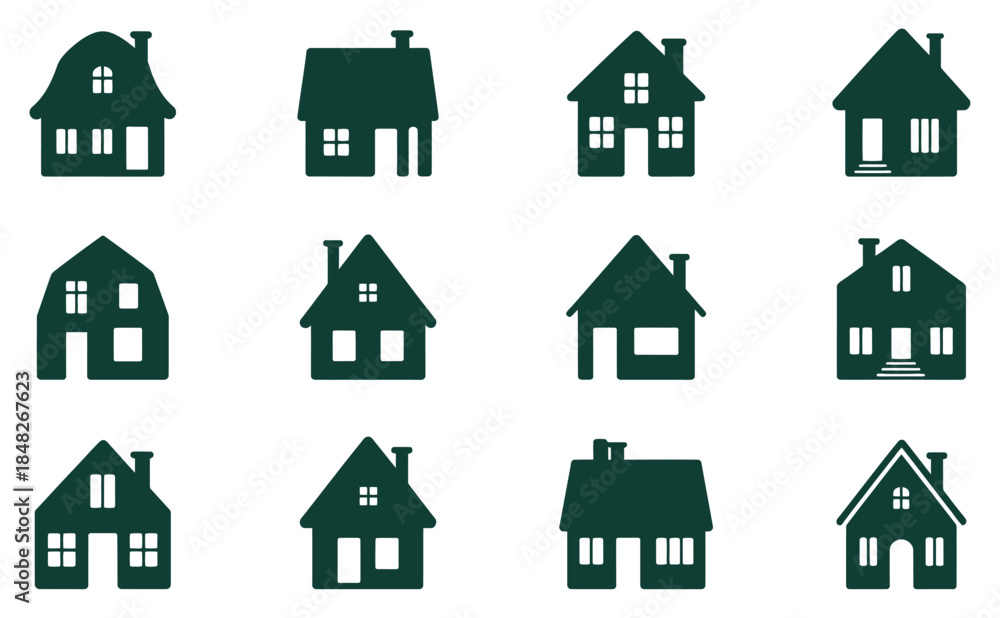 Fototapeta premium Cozy House Icon Set — Homes, Shelter, Architecture, Real Estate, Residential, Building, House Logo, Home Symbol, Structural Design, Property, Housing, Architecture Illustration, Residential Icon