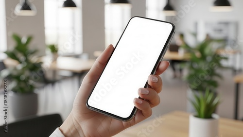 Professional hand holding a mobile phone mockup with white screen in a contemporary coworking space environment