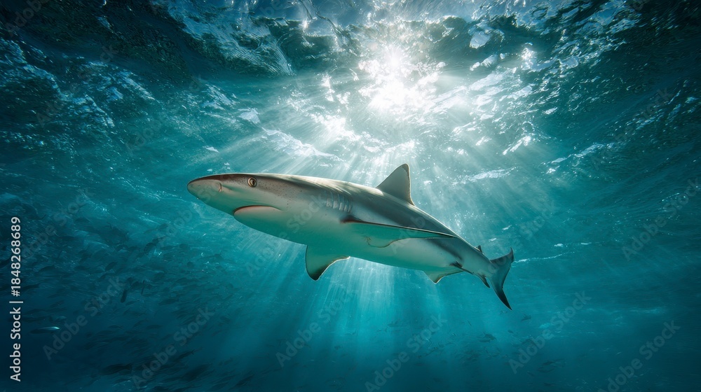 Obraz premium A sleek shark swims through sunlit ocean depths, rays of light piercing the turquoise water, creating a dramatic underwater scene