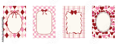 Set of Hand drawn Valentine's day vintage frames with bows. Vector Valentine design holiday for wedding invitations, greeting cards, or christmas festive designs