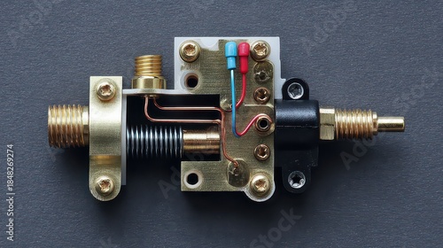 Macro Shot of RF Amplifier Component with Gold Connectors and Electronic Elements on a Textured Dark Gray Background
