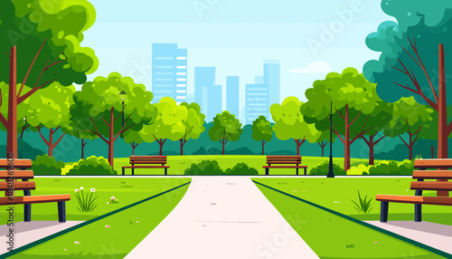 Cartoon Park Illustration with Pathway and City Skyline