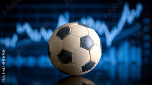 A soccer ball sits centered, set against a blurred background of fluctuating blue graphs. The focus is on the ball
