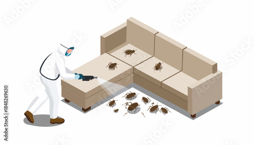 Exterminator Spraying Bug Killer on Sofa, Pest Control Concept