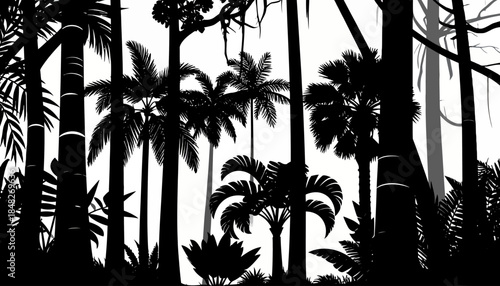 Silhouette of Tropical Rainforest with Palm Trees