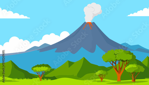 Cartoon Landscape with Volcano Eruption and Greenery