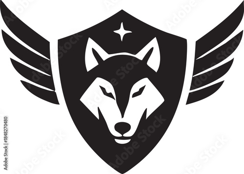 This vector illustration features a black wolf head silhouette and wild animal face symbol designed as a tribal tattoo or minimalist art drawing for a fierce wildlife design