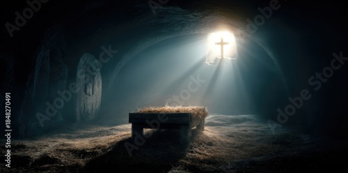 dramatic scene of the manger in an ancient tomb