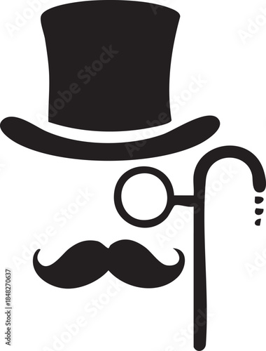 Vintage cartoon illustration of a funny hipster gentleman with a black bowler hat, mustache, and glasses, featuring a retro vector design of a guy's face in a silhouette art style