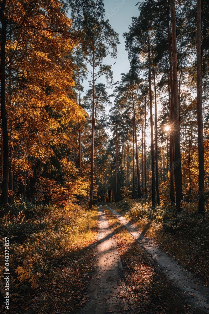 Fototapeta premium Sunlight Through Autumnal Forest with Tall Trees and Fallen Leaves on a Ground Trail with Warm Tones and Sun Dappled Shadows Creating a Natural Scene