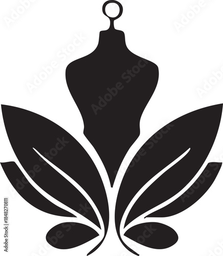 Black silhouette of a woman in yoga lotus pose featuring a floral nature design with leaf ornaments and a butterfly icon vector illustration