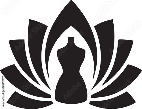 Black silhouette of a yoga lotus pose illustration featuring a cute cat and dog with a heart symbol and nature art outline