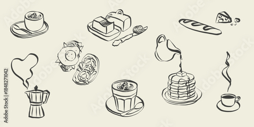 Breakfast sketches with coffee cup doodles. Hand drawn cafe icons in chalk style. Vintage brunch illustrations for menu design, Italian restaurant posters, French bakery art