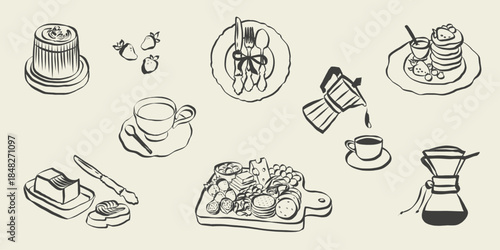 Whimsical chalk style illustrations of coffee cups and bakery items. Hand drawn vintage sketches perfect for menu design, restaurant posters or Italian cafe branding with retro charm