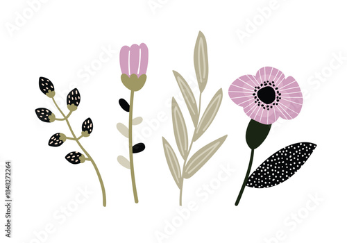 A set of hand-drawn floral elements in pastel lilac tones. Vector illustration for design, flat style.