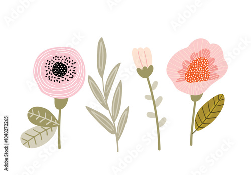 A set of hand-drawn floral elements in pastel colors. Vector illustration for design, flat style.	
