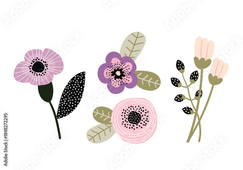 Set of hand-drawn floral elements in pastel colors. Vector illustration for design, flat style.	
