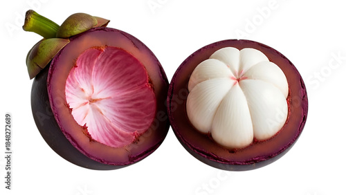 Mangosteen fruit, cut in half, cutout, PNG isolated on white or transparent background