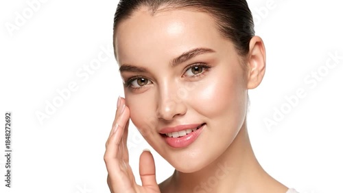 Young woman touching cheek, glossy skin, dark hair, bright smile