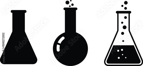 Three black science beakers with liquid a fascinating silhouette on transparent background