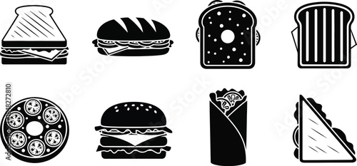 Variety of black food silhouettes including bread and burgers on transparent background