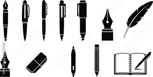 Collection of writing tools and stationery in black silhouette on transparent background