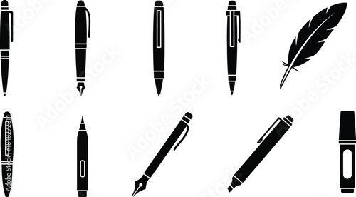 Collection of various writing tools in black silhouette on transparent background