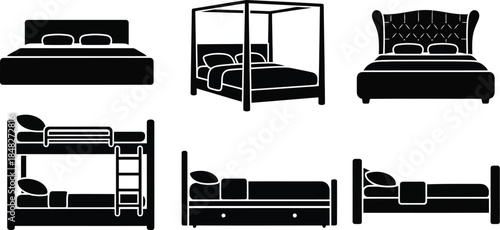 Black bed furniture set in various styles on transparent background silhouette