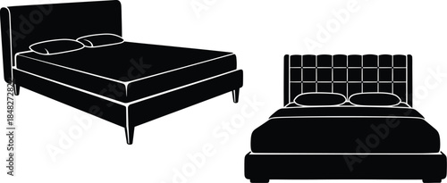 Modern bed designs in black silhouette on transparent background