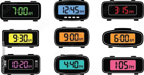 Collection of digital alarm clocks displaying various times on transparent background silhouette