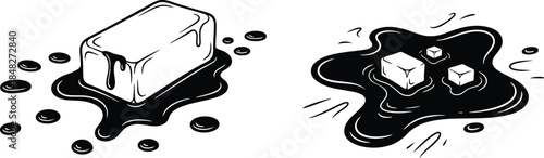 Two ice cubes with melting water drops minimalist illustration on transparent background silhouette