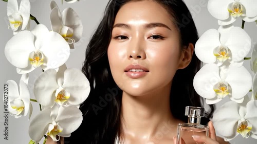Woman gazing upward with orchids, holding perfume bottle. White flowers on the right and left