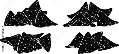Black tortilla chips arrangement with textured details on transparent background silhouette