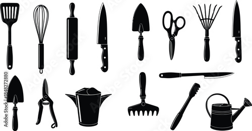Black kitchen and garden tools collection with a silhouette on transparent background