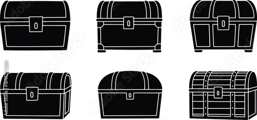 Collection of vintage treasure chests in various designs on transparent background silhouette