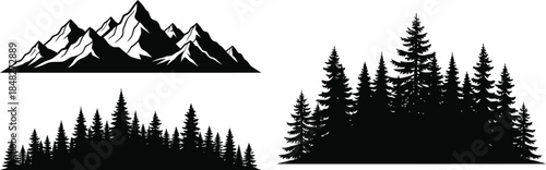 Mountain and pine tree landscape design element on transparent background silhouette