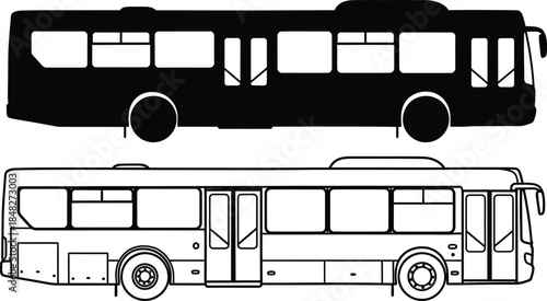 Black bus profile and outline drawing on transparent background silhouette