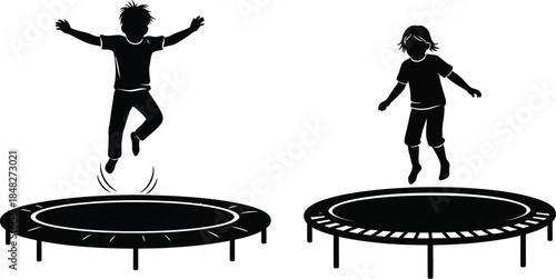 Children jumping on trampolines playful activity black and white on transparent background silhouette