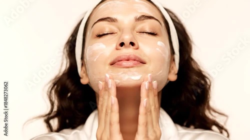 A woman with closed eyes applies cream to her face, a headband in her hair