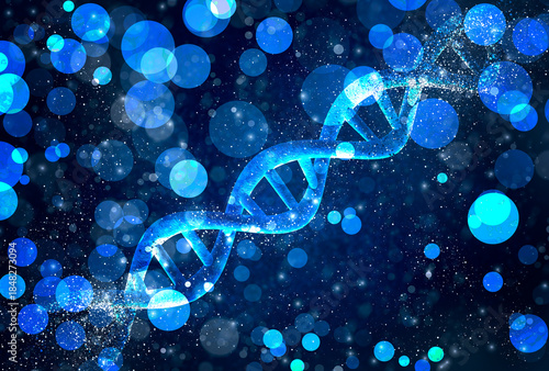 Tableau sur toile DNA double helix structure dissolving or compounding on dark blue background wit
