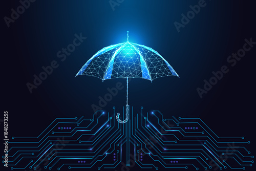 Futuristic glowing umbrella on circuit board, data security and digital safety vector