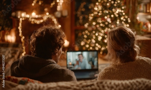 Wallpaper Mural Couple relaxing on a sofa, having a virtual christmas video call with family or friends on a laptop in a cozy home setting Torontodigital.ca