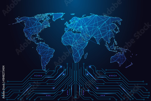 Digital world map on circuit board, global network, communication and tech connectivity vector