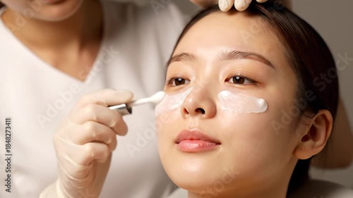 Asian woman receiving facial cream application near eyes