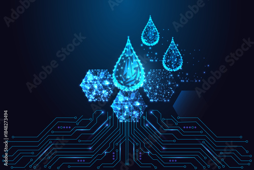 Glowing droplets above digital hexagons on circuit board, biotech liquid data vector illustration