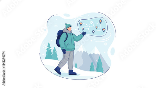 A person in winter gear with a backpack navigating a snowy mountain landscape using a holographic map with location pins.