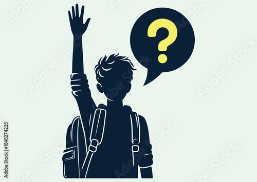 Student with backpack on his back raised his hand up, black and white vector silhouette