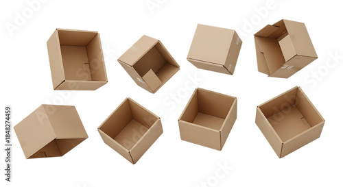 Collection of open and closed cardboard boxes, with in various orientations, isolated on a transparent background, cutout, PNG