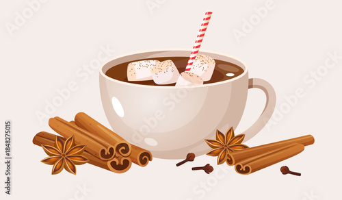 Vector illustration of hot cocoa cup topped with fluffy marshmallows and striped drinking straw, decorated with cinnamon sticks, star anise and cloves, cozy winter beverage composition.